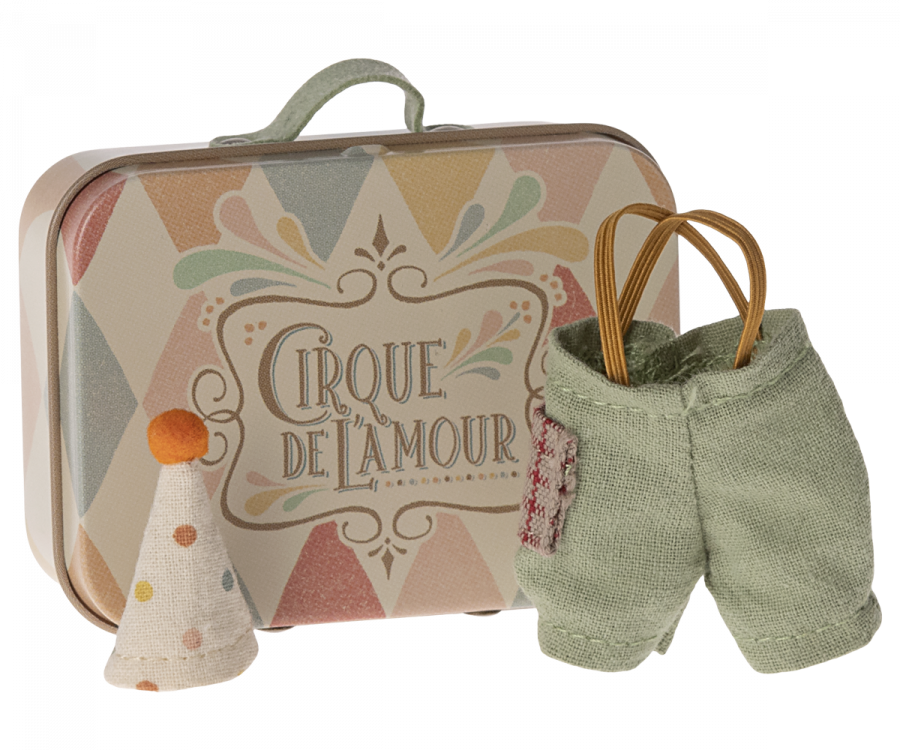 Maileg ETA APRIL SS24 Clown Clothes In Suitcase, Little Brother Mouse