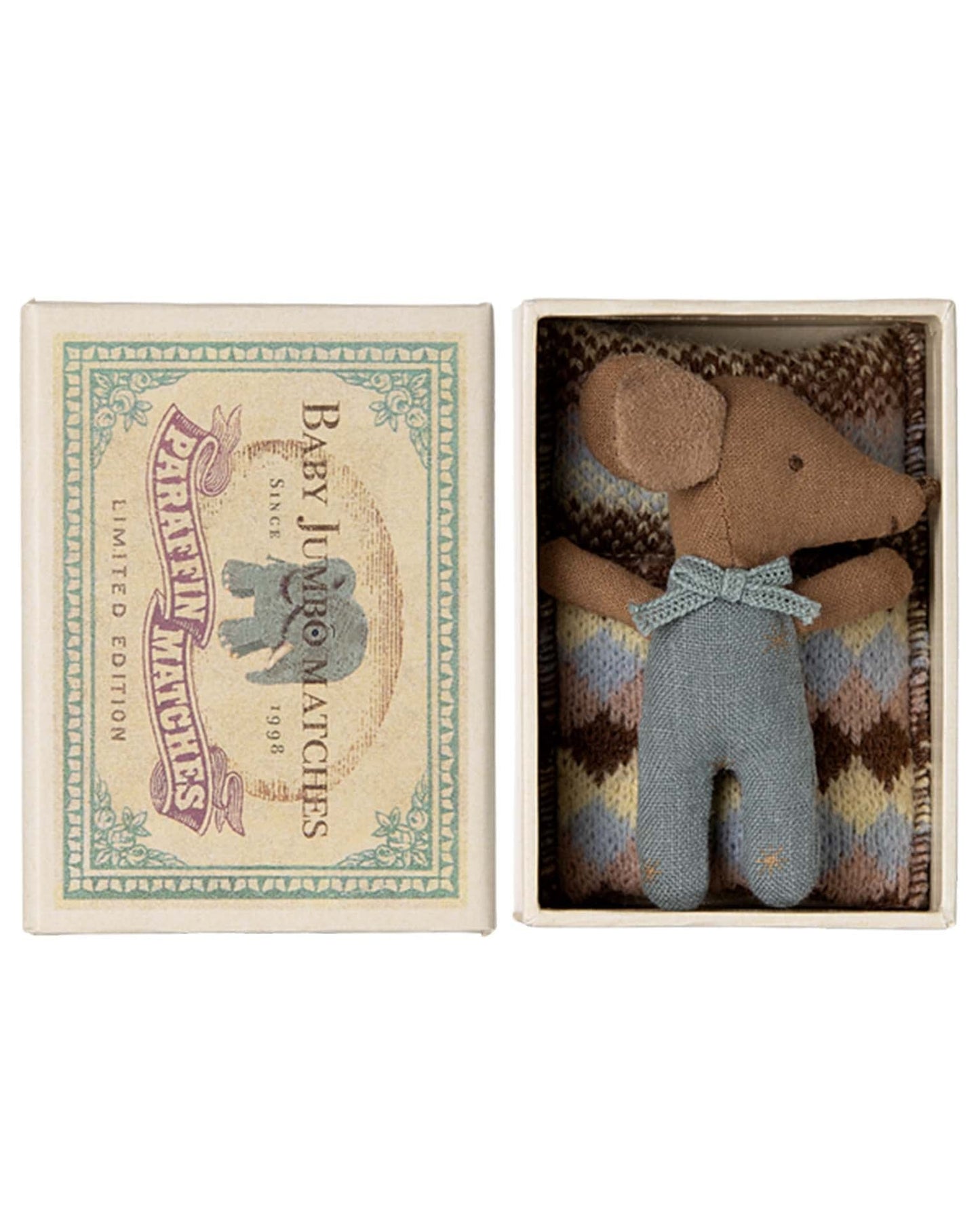 Maileg Blue Sleepy/wakey Baby Mouse In Matchbox
