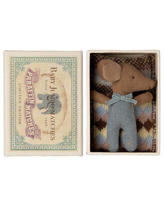 Maileg Blue Sleepy/wakey Baby Mouse In Matchbox