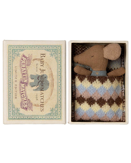Maileg Blue Sleepy/wakey Baby Mouse In Matchbox