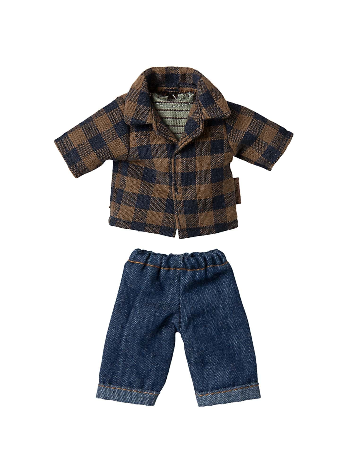Maileg Brown Checked Shirt + Pants For Dad Mouse