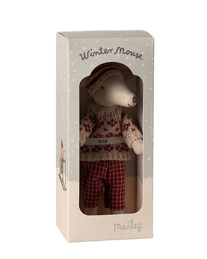 Maileg Mum Winter Mouse With Ski Set In Red