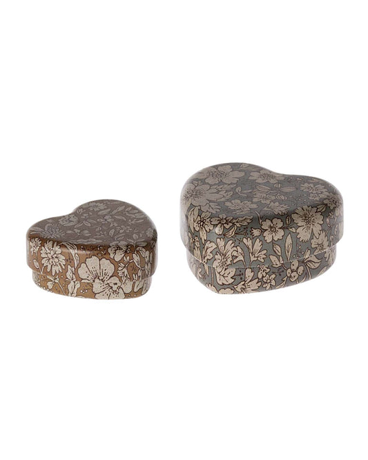 Maileg Set Of 2 Metal Heart Box In Blue/ocher Blossom