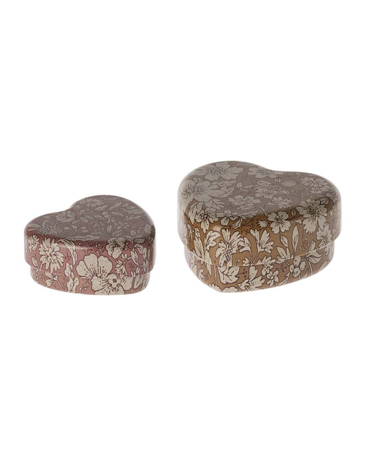 Maileg Set Of 2 Metal Heart Box In Ocher/heather Blossom