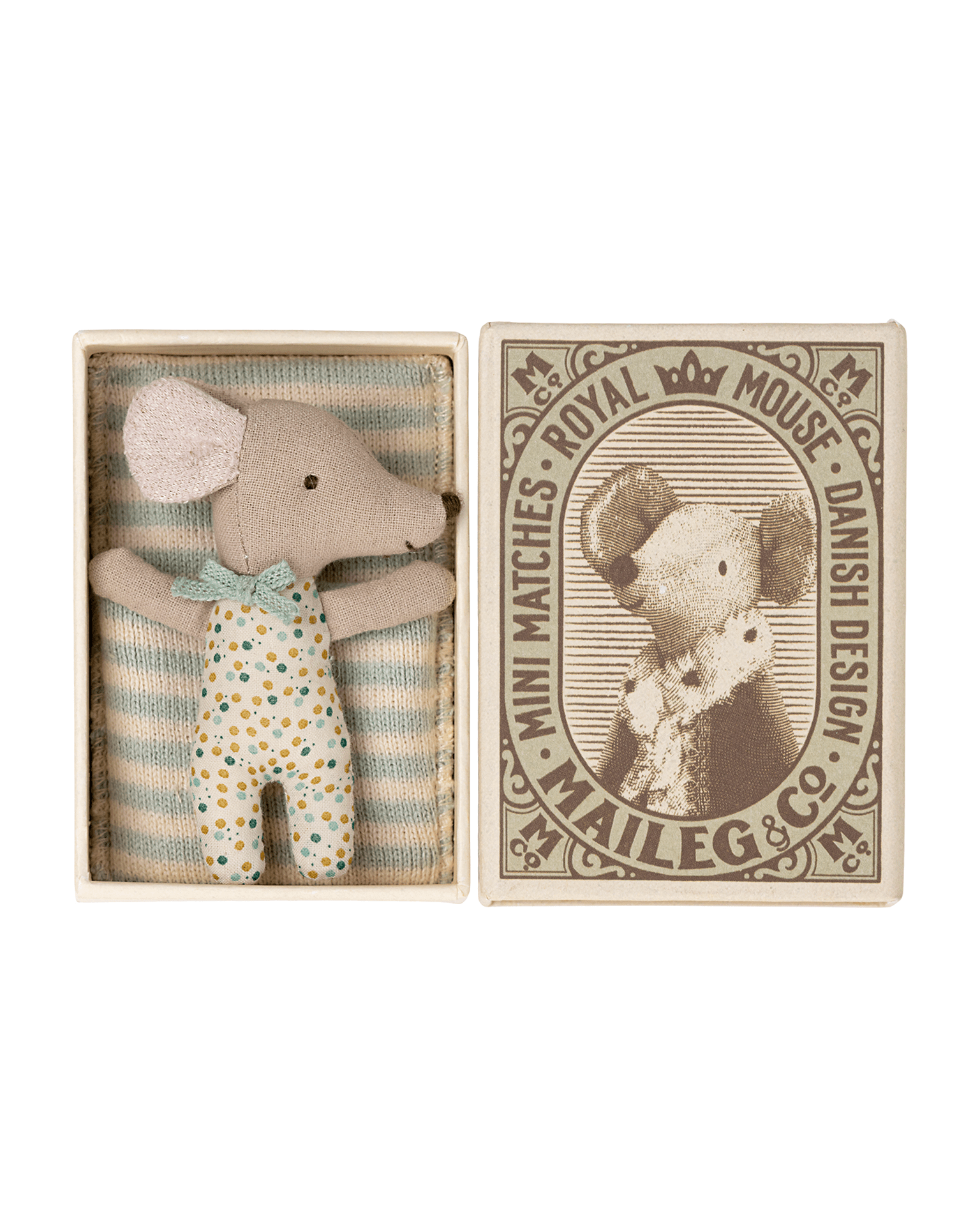 Maileg Sleepy/wakey Baby Mouse In Matchbox In Blue