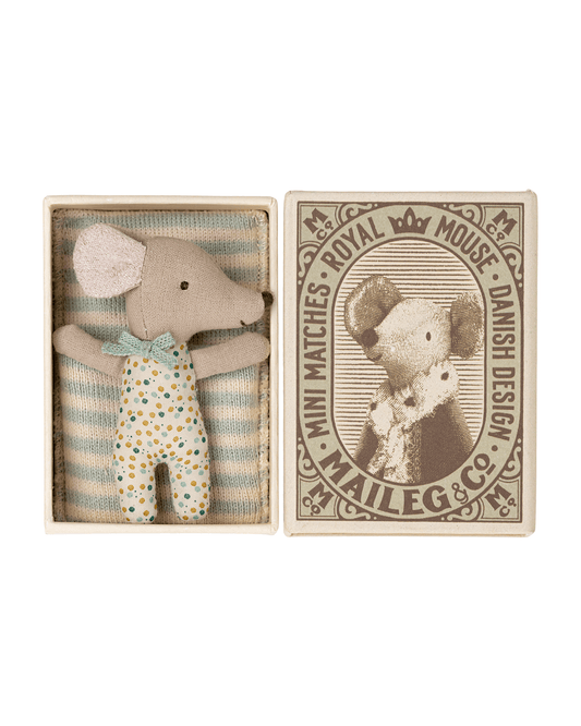 Maileg Sleepy/wakey Baby Mouse In Matchbox In Blue