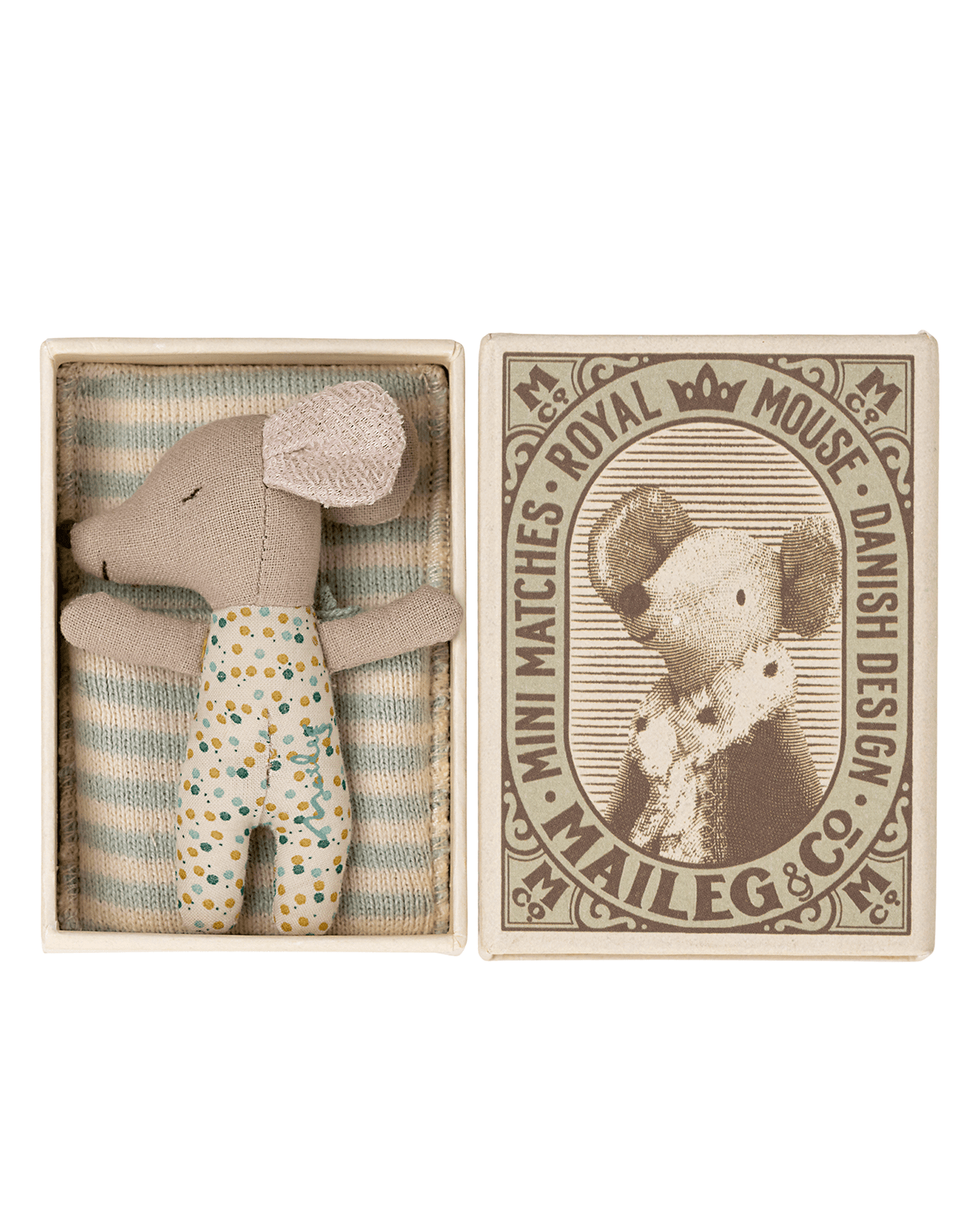 Maileg Sleepy/wakey Baby Mouse In Matchbox In Blue